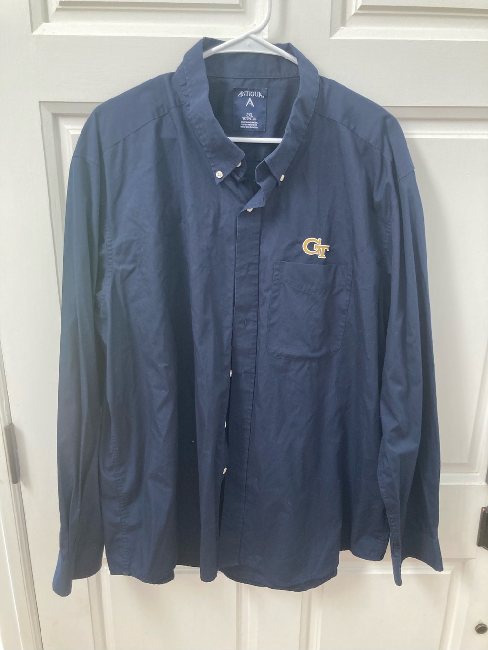 Antigua Navy Button-Down Shirt with Yellow Embroidered Georgia Tech GT Logo